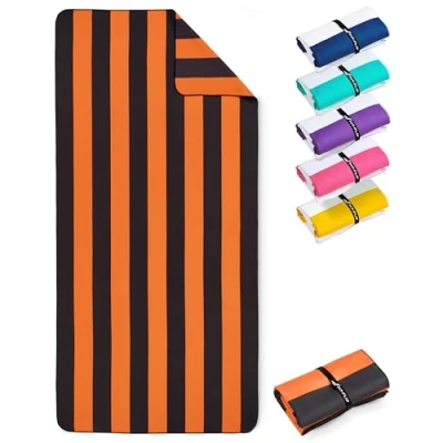 Afbeelding van Stranddeken XXL microvezel strandhanddoek groot, licht en sneldrogend 100% gerecyclede handdoek Strandlaken Oranje Donkergrijs gestreept 200cmx90cm