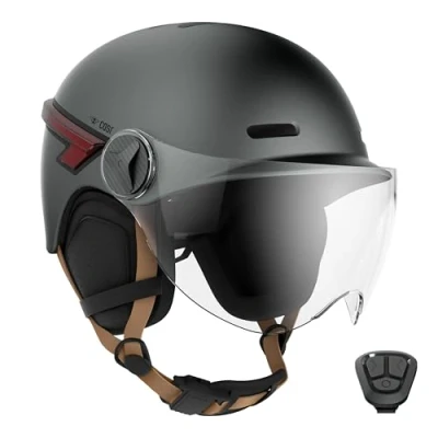 Afbeelding van CASR Glow helm, led veiligheidshelm voor stedelijke mobiliteit, EPI gecertificeerd, grijs, maat M, doorzichtig en afneembaar vizier, met knipperlichten, universele afstandsbediening,