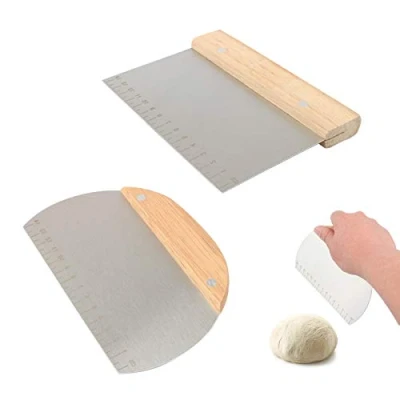 Afbeelding van Deegsnijder, deegspatel, 2 stuks, halfronde en rechthoekige doe het zelf bakschraper van roestvrij staal met schuur houten handvat voor snijden deeg, pizza, nougat