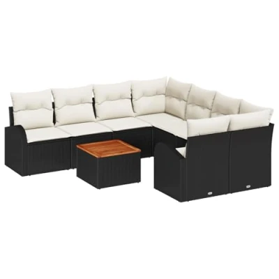 Afbeelding van vidaXL 9 delige Tuin Sofa Set met Kussens Zwart Poly Rattan Acacia, 2 zits Opslag &amp;