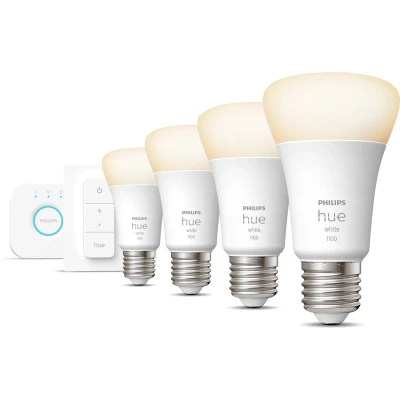 Afbeelding van Philips Hue Starterspakket White E27 4 Lampen, Bridge en Dimmer Switch Eenvoudige Installatie Werkt met Alexa Google Home