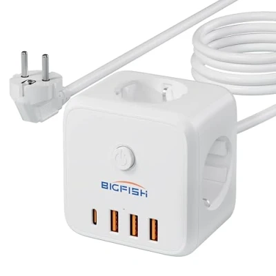 Afbeelding van Bigfish 3 voudige stekkerdoos met USB C, meervoudige 4 USB, stekkerkubus meter kabel, stekker schakelaar voor kantoor en thuis