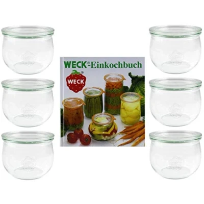 Afbeelding van Weck 42578 Set weckpotten (6 x met inmaakboek, 144 pagina&#039;s; tulpglas 500 ml; ronde rand 100 mm, voor het bewaren van voorraden)