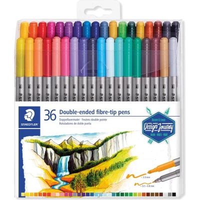 Afbeelding van STAEDTLER 3200 TB36 Design Journey Double Ended Fibre Tip pennen met dunne en brede penpunten diverse kleuren (Pack van 36)