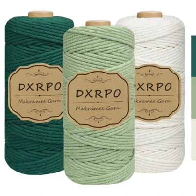 Afbeelding van DXRPO Premium macramégaren, 3 stuks, mm x 100 m, katoenen garen, voor doe het zelf handwerk, hangplanten, Kerstmis, boho decoratie (natuur, lichtgroen, donkergroen)