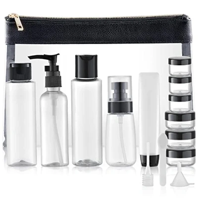 Afbeelding van Toureal 15 stuks lege flesjes reisvliegtuig (max.100 ml) met kunststof fles in recept, leer, organizer, toiletset voor cosmetica (transparant), Transparant, M, M