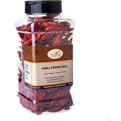 Afbeelding van Tuana Kruiden Chili Peper Heel Strooibus 120 Gram Zonder Zout GP0048