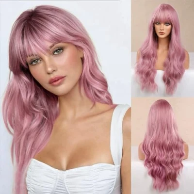 Afbeelding van Honygebia Lichtroze pruik, pony, babyroze pruiken voor dames, lang, golvend, koraalroze, hittebestendig haar, natuurlijk uitziend, licht synthetisch, beste