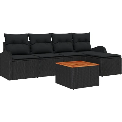 Afbeelding van vidaXL 6 delig tuinbankstel met kussens Zwart Poly Rattan Acaciahout