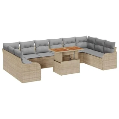 Afbeelding van vidaXL 11 delige tuinset met kussens in beige poly rattan en acacia