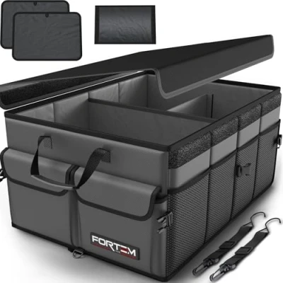 Afbeelding van FORTEM Auto Organizer, Kofferbak Achterbak Opvouwbare Organizer met Compartimenten, Antislip Bodem, Verstelbare Bevestigingsriempjes, Opvouwbaar Deksel (Grijs, Large)