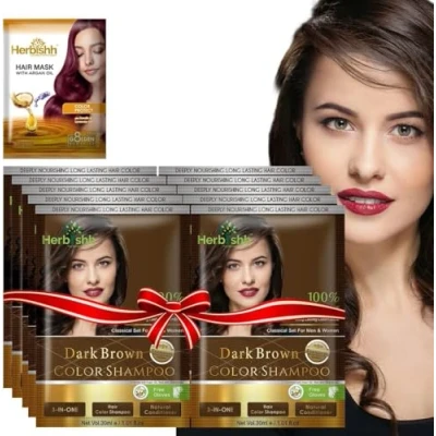 Afbeelding van Herbishh Hair Color Shampoo for Gray HairNatural Dye with Argan MaskTravel size Colors in MinutesLong lasting colour10pack+1packAmmonia Free (Dark Brown)