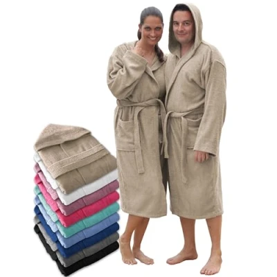 Afbeelding van LEBENGOOD Badjas voor heren, uniseks, met capuchon, 100% Amerikaans katoen, 400 g, zachte badjas, douchehanddoek dames, Zand, 3XL
