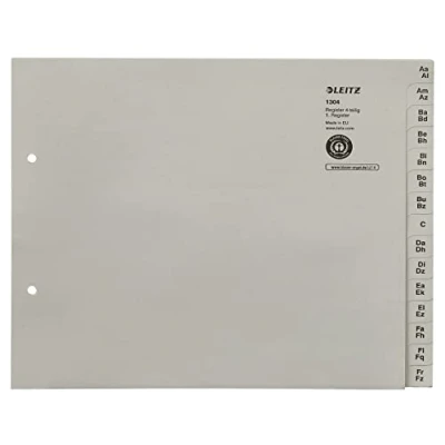 Afbeelding van Leitz Register, tabbladen met en alfabetische opdruk A Z voor 4 mappen, halve hoogte overbreedte, grijs, 100% gerecycled papier, Blue Engel zegel, 13040085