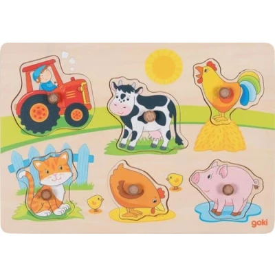 Afbeelding van goki 57309 puzzel op de boerderij, voor kleine kinderen met diermotieven en houten handgrepen