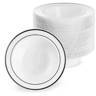 Afbeelding van MATANA 25 Witte Plastic Kommen met Schwarzem Rand (360 ml) voor Bruiloften, Verjaardagen, Doopfeesten, Kerstmis en Feesten Stevig Herbruikbaar
