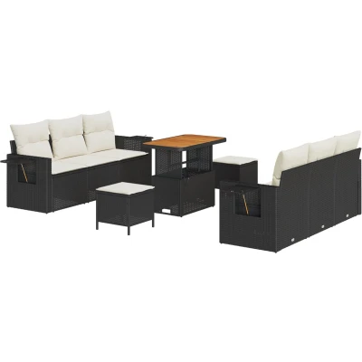 Afbeelding van vidaXL 9 delige Tuin Sofa Set met Kussens Zwart Poly Riet Acacia