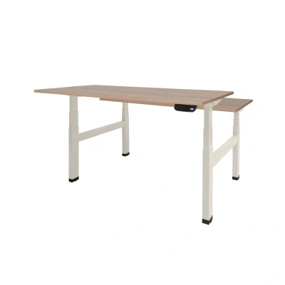 Afbeelding van Dextro plus duo zit/sta 140x80cm, electrisch hoogte verstelbare werkplek, H poot frame. Frame kleur wit (RAL9010) en blad Havanna/Kersen Licht.