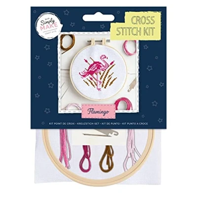 Afbeelding van Simply Make Kruissteekset flamingo ontwerp voor kinderen en volwassenen, inclusief hoepel, borduurgaren, stof naald, perfect volwassen ambachten beginners starterset kruissteek