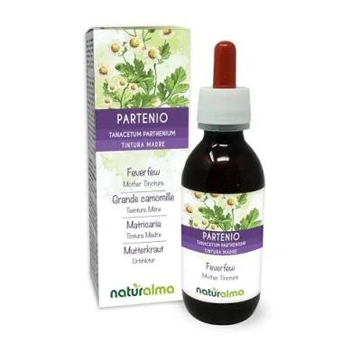 Afbeelding van Moederkruid (Tanacetum parthenium) kruid met bloemen Alcoholvrije moedertinctuur Naturalma Vloeibaar extract druppels 120 ml Voedingssupplement Veganistisch