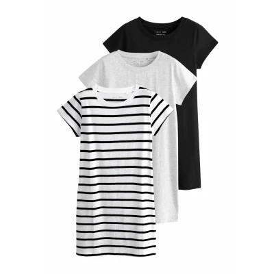 Afbeelding van THE SET Short Sleeve 3 PACK Regular FIT Jerseyjurk, Dames, Maat: XS, Black grey white stripe