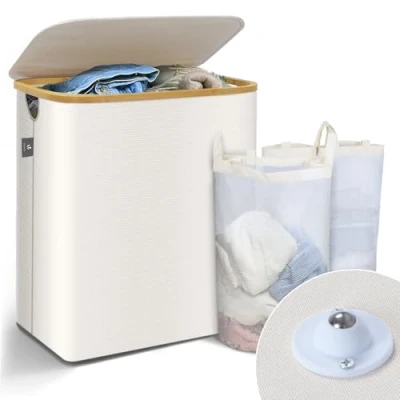 Afbeelding van VOUNOT Wasmand met Deksel 145L, Opvouwbare Wasemmer 2 Compartimenten &amp; Verwijderbare Waszakken, Wasmanden Wasbox Smal, Beige