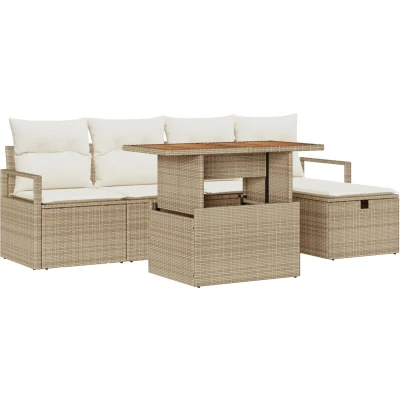 Afbeelding van vidaXL 6 delig tuinbankstel met kussens Beige Poly Riet, 2 zits tuinbank Riet