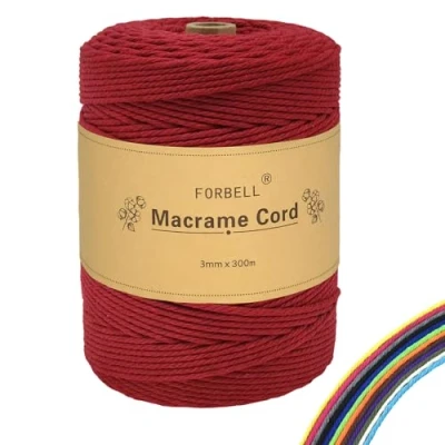 Afbeelding van FORBELL Macramégaren, 3 mm x 300 m, premium katoengaren, doe het zelf handwerk (bordeauxrood)