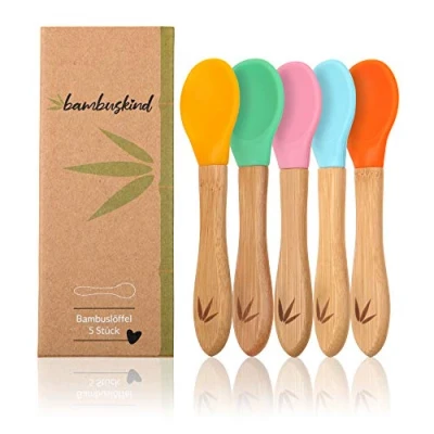 Afbeelding van Kinderlepel, Kinderserviesset met bamboe handvat om te leren eten, zonder Schadelijke Kunststoffen, Lepel flexibel toegankelijk Lepelpunt