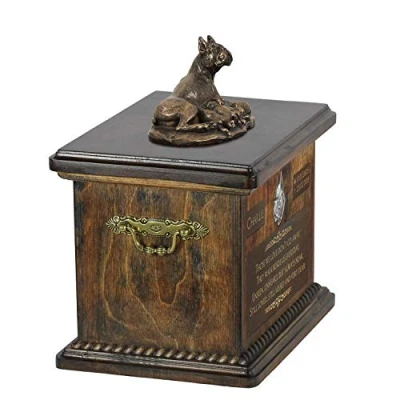 Afbeelding van Art Dog Custom Sitting Statue Memorial Urn Handgemaakt koud gegoten brons op berkenhouten voet 8,3x11,4x8,7 5l Bokser II