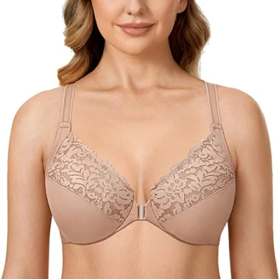 Afbeelding van DELIMIRA Vrouwen Plus Size Volledige Dekking Kanten Beugel Racerback BH met Voorsluiting Parel Champagne 100E