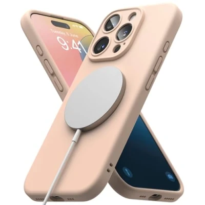 Afbeelding van Ringke Silicone Magnetic Compatibel met iPhone Pro Case, Cover Magnetisch Draadloos, Schokabsorptie Flexibele Soft Feel Hoesje Pink Sand