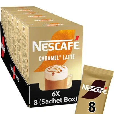 Afbeelding van Nescafé Gold Caramel Latte oploskoffie 6 doosjes à 8 zakjes