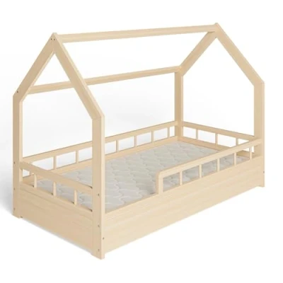 Afbeelding van MS FACTORY Huisbed met Matras 80x160 cm Kinderbed valbeveiliging Dennenhouten bed lattenbodem Halve Barrière Hout