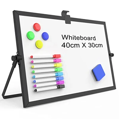 Afbeelding van OWill Zwart droog uitwisbaar whiteboard, 30 x 40 cm mini magnetisch desktop whiteboard met standaard, klein A3 en draagbare dubbelzijdige ezel voor tekenen op school