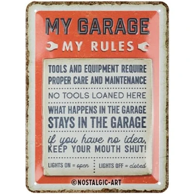 Afbeelding van Nostalgic Art Retro metalen bord, 15 x 20 cm, My Garage, Rules Cadeau idee voor craftsman, van metaal, vintage design met spreuk