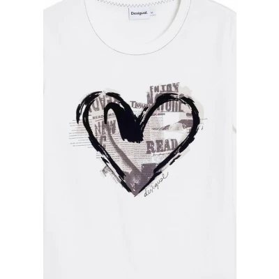 Afbeelding van Desigual Newspaper Heart Tshirt print, Dames, Maat: Large, White