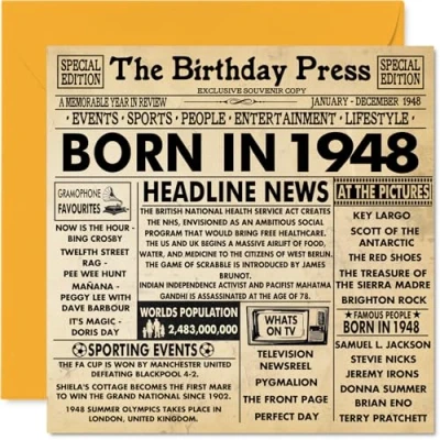 Afbeelding van 76e verjaardagskaarten voor mannen vrouwen geboren in 1948 krant Happy 76 verjaardagskaart opa oma Nan Vintage Retro terug 1948, 145 mm x zesenzeventig zesde verjaardag wenskaarten