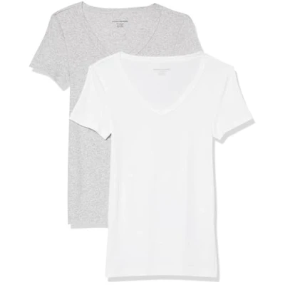 Afbeelding van Amazon Essentials Women&#039;s T shirt met korte mouwen en V hals in slanke pasvorm, Pack of 2, Lichtgrijs/Wit, XXL