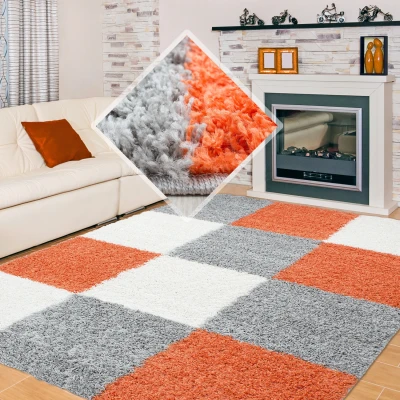 Afbeelding van Basic Shaggy Geblokt vloerkleed Oranje / Grijs Hoogpolig 120x170 cm