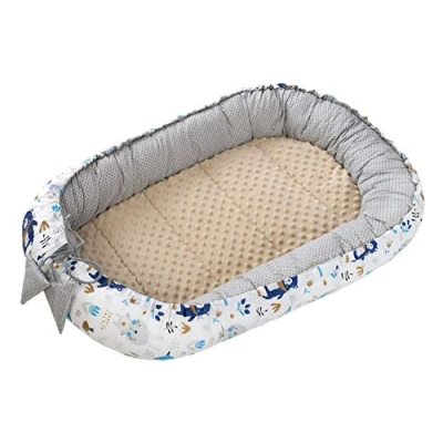 Afbeelding van Babynest knuffelnest babynestje 100% katoen nestje reisbed voor baby&#039;s zuigelingen 100x60x15cm uitneembare inzet (boho dieren met beige minky)