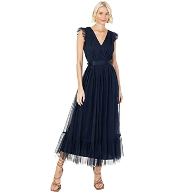 Afbeelding van Anaya with Love Dames Maxi Jurk V hals Mouwloze Frilly voor Bruiloft Gast Bruidsmeisje Prom Lange Hoge Empire Taille Gelaagd, Donkerblauw, 54