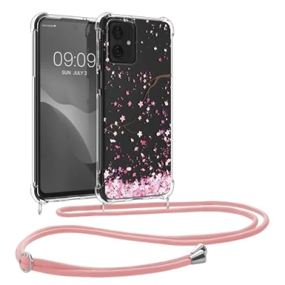 Afbeelding van kwmobile telefoonhoesje geschikt voor Motorola Moto G54 5G Hoesje met telefoonkoord Back cover smartphone Case in poederroze / donkerbruin transparant
