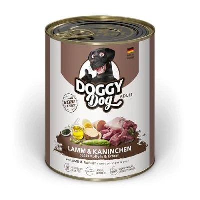Afbeelding van DOGGY Dog Paté Lamm &amp; Konijn, 6 x 800 g, natvoer voor honden, graanvrij hondenvoer met zalmolie en groenlipmossel, compleet voer zoete aardappel erwten, Made in Germany