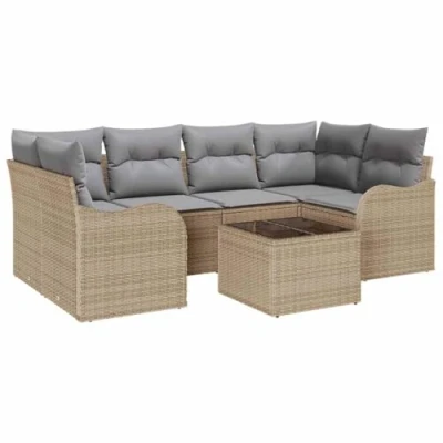 Afbeelding van vidaXL 7 delige tuinsofa set met kussens beige poly riet