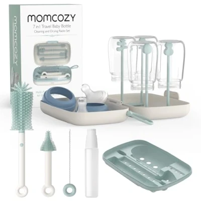 Afbeelding van ​​Momcozy Babyfles Borstelset 7 in 1 Alles één Schoonmaakset met Siliconen Afwasborstel, Spenenborstel, Drinkrietjesborstel, Zeepdispenser + Droogrek Voor Thuis &amp; Onderweg​