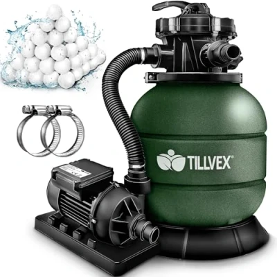 Afbeelding van tillvex Zandfiltersysteem 7.900L/h + 400g Filterkogels Zandfilterinstallatie filterinstallatie 7 weg ventiel &amp; Adapter Ø32 38mm Zwembadfilter met drukweergave Zandfilter zwembad (Groen)