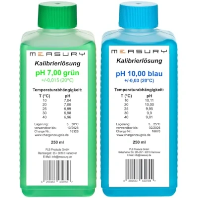 Afbeelding van Measury pH kalibratieoplossing 7.00 en 10.00 geproduceerd in Duitsland, bufferoplossing per 250 ml, ijkoplossing groen/blauw, kalibratievloeistofset ijkvloeistof