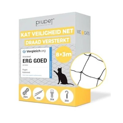 Afbeelding van PiuPet® kattennet versterkt I 8 x 3 m zwart bevestigingsset inclusief voor balkon zonder boren raam kattenrooster