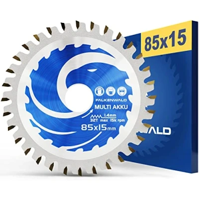 Afbeelding van FALKENWALD® Accuzaagblad van 85 x 15 mm, ideaal voor hout, metaal en aluminium, compatibel met Bosch GKS 12V 26 Makita mini handcirkelzaag, universeel zaagblad hoogwaardig hardmetaal